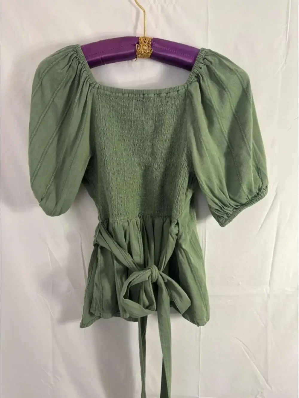 Sage Green Cotton V‎ Neck Babydoll Puff Sleeve Boho Whimsy Wrap Top Size XS-M